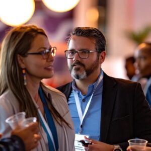 Networking professionals engaging in conversation at a construction marketing event, highlighting effective networking strategies for client acquisition.