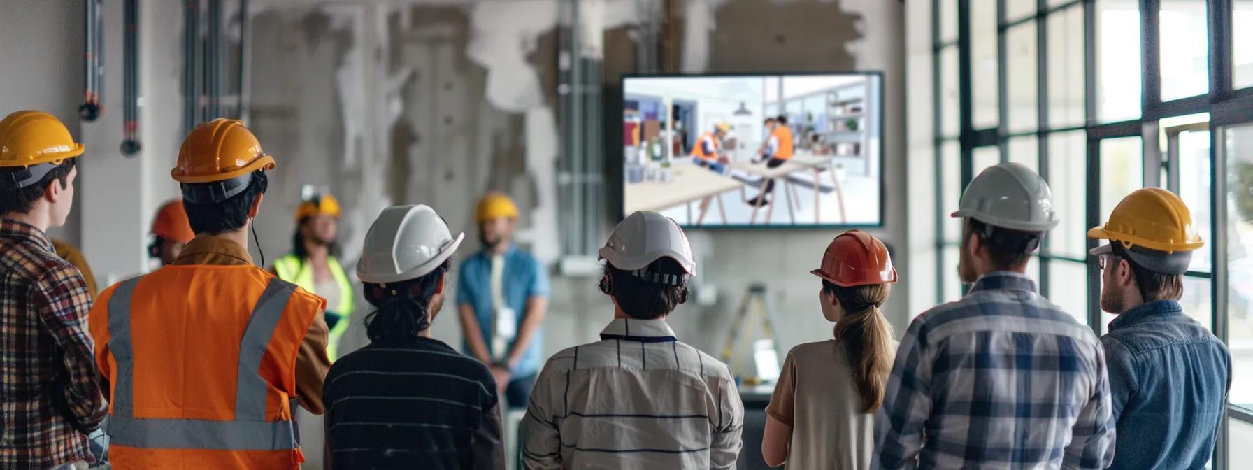 a group of construction professionals engaging in a lively q&a session with clients, surrounded by user-generated content showcasing satisfied customers' projects, fostering a strong sense of community and connection.