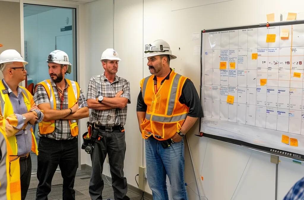 a group of construction workers gathered around a whiteboard covered with a detailed content calendar, discussing seo best practices and strategies for on-page success.