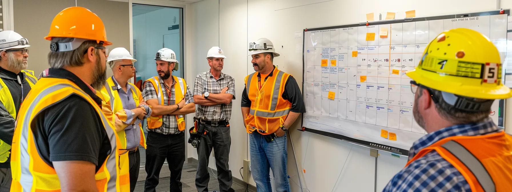 a group of construction workers gathered around a whiteboard covered with a detailed content calendar, discussing seo best practices and strategies for on-page success.