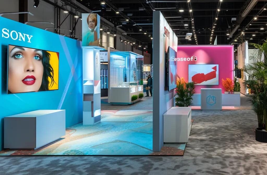 a tradeshow booth with bold signage displaying customer testimonials and successful case studies, highlighting clear and concise communication materials to draw in leads.