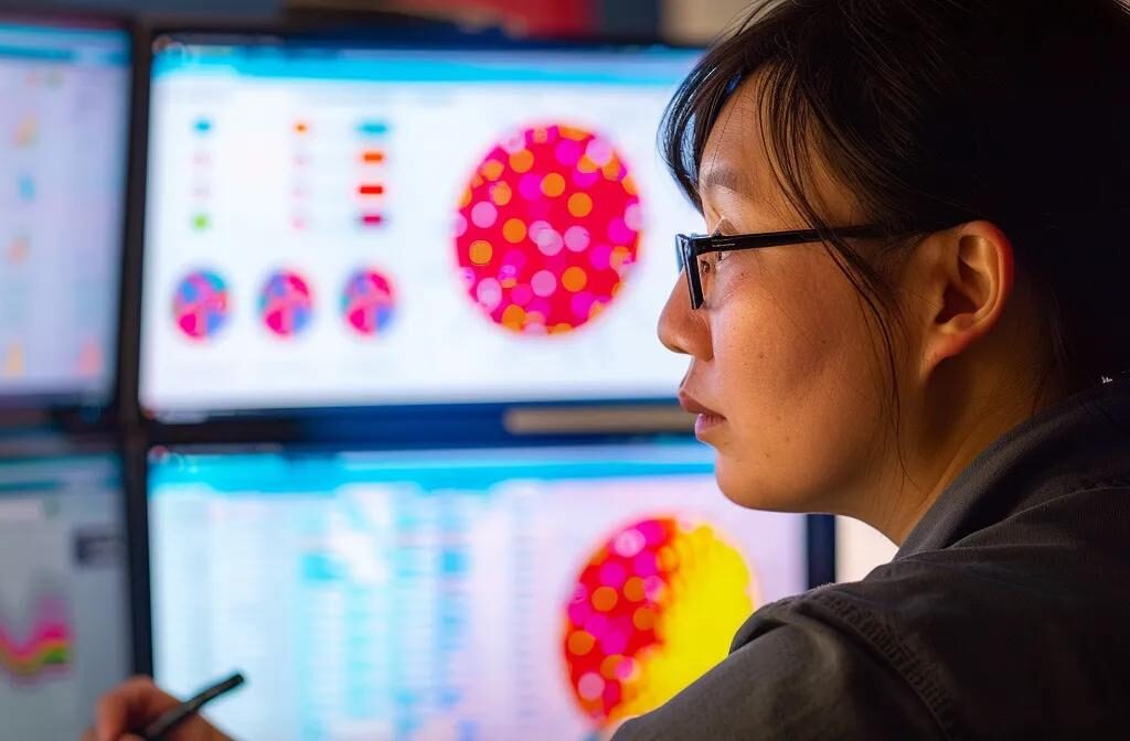 an individual analyzing colorful charts and graphs on a computer screen, surrounded by notes and client feedback reports, showcasing the impact of branding efforts.