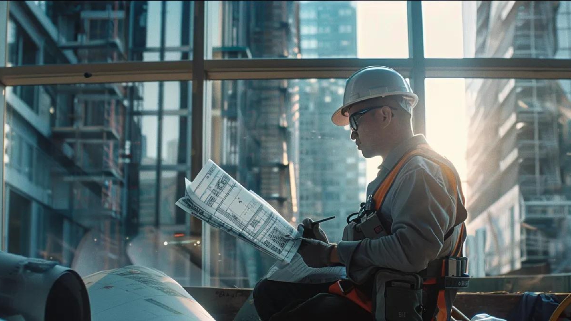 envision a construction worker reviewing blueprints on a sleek, mobile-friendly website at a bustling construction site.