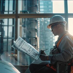 Construction worker reviewing blueprints in a modern office setting, emphasizing construction project planning and management.