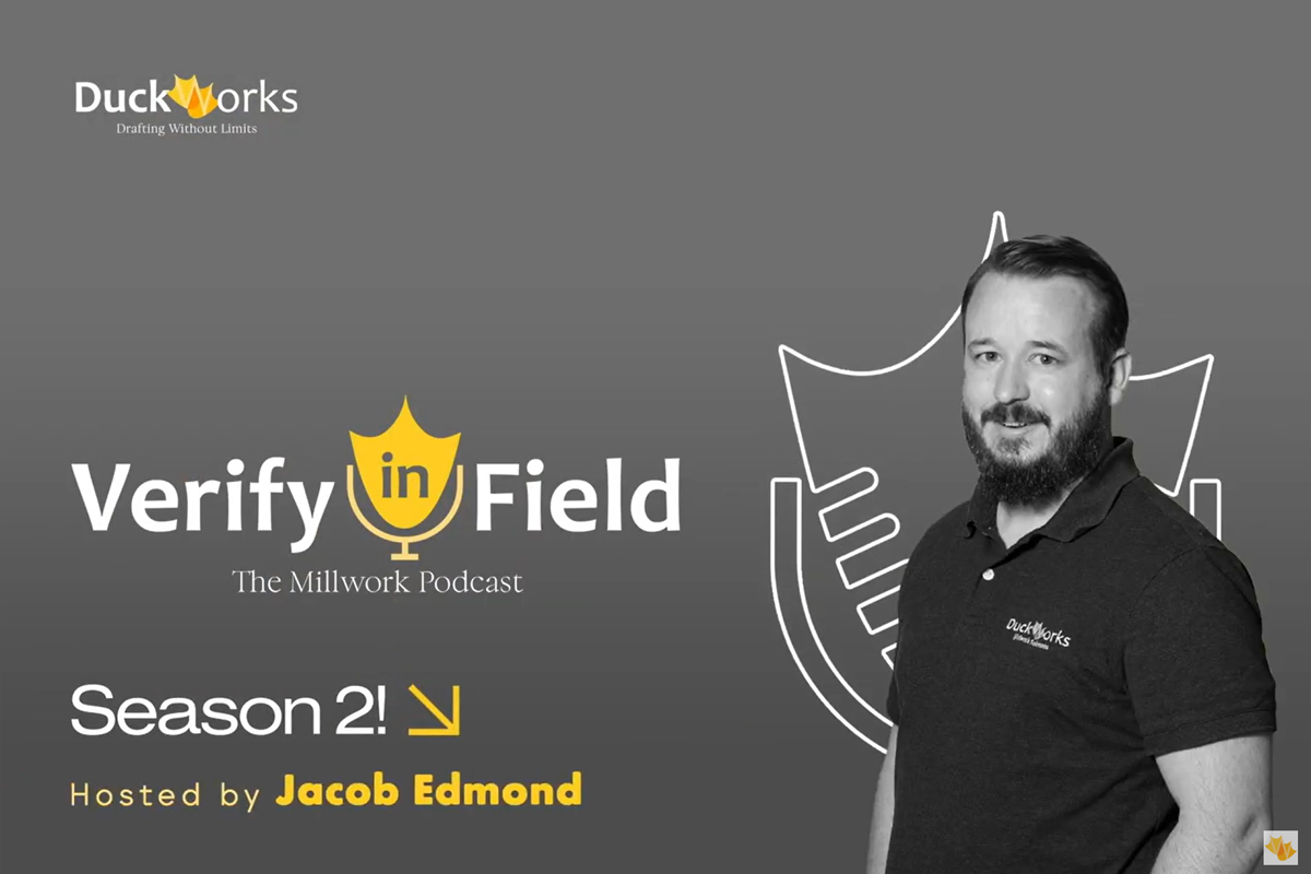 Verify in Field podcast logo featuring a microphone and the text "Verify in Field: The Millwork Podcast," with host Jacob Edmond, emphasizing insights on marketing in construction.