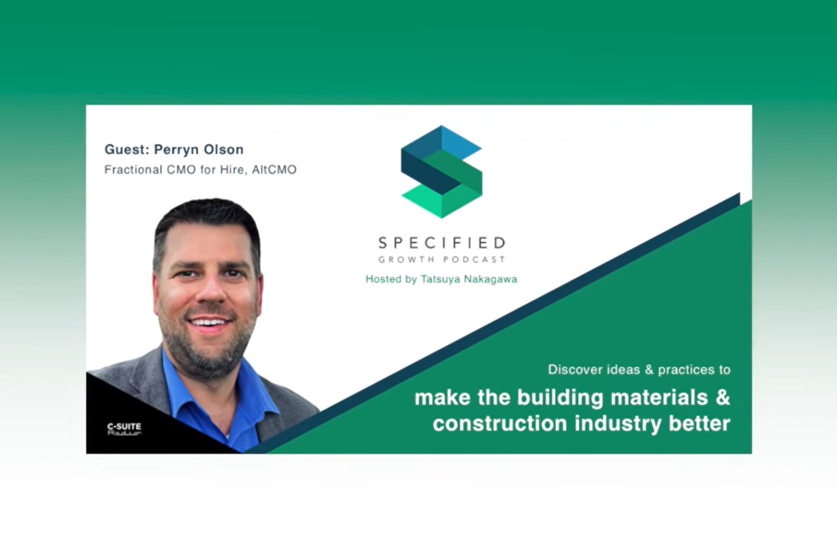 Perryn Olson, guest on Specified Growth Podcast, discussing strategies to enhance marketing for the building materials and construction industry, featuring the podcast logo and branding elements.