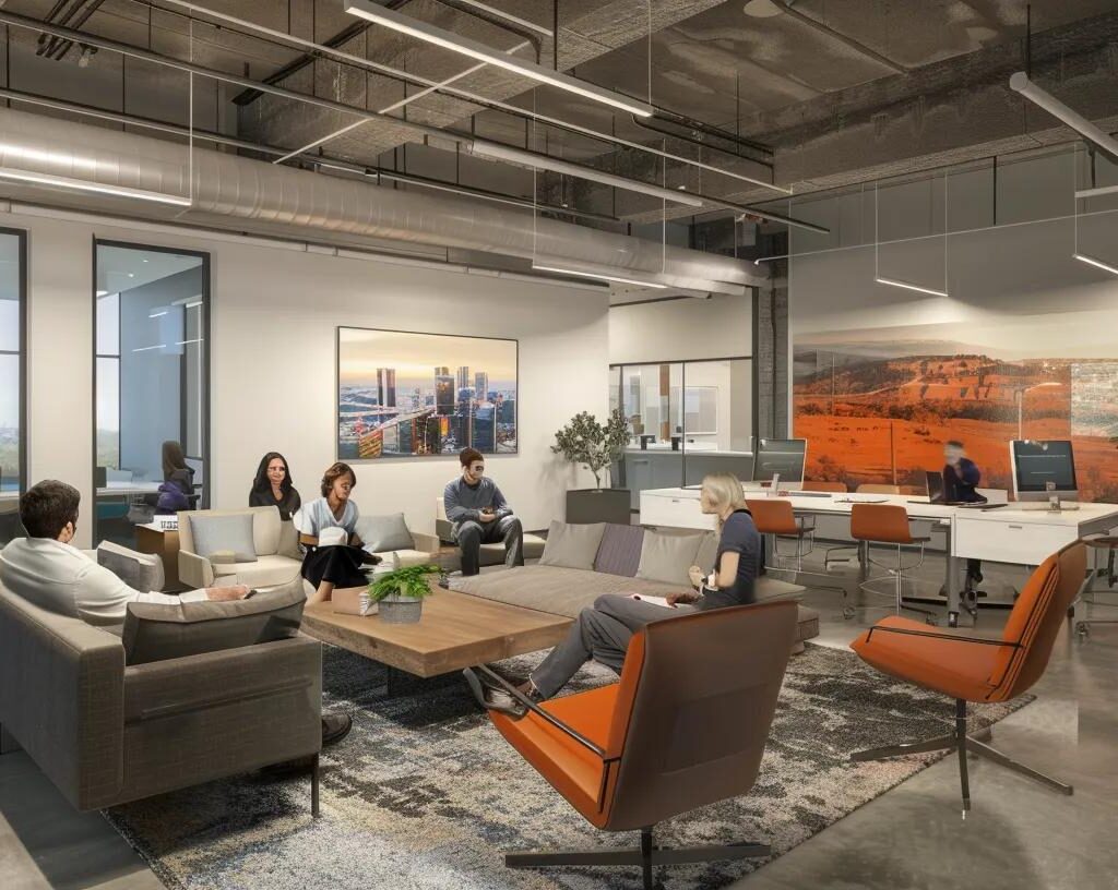 a dynamic office environment showcases a diverse group of professionals collaboratively discussing employer branding strategies, with bold visuals of construction projects highlighting the unique employee value propositions within the general contracting industry.