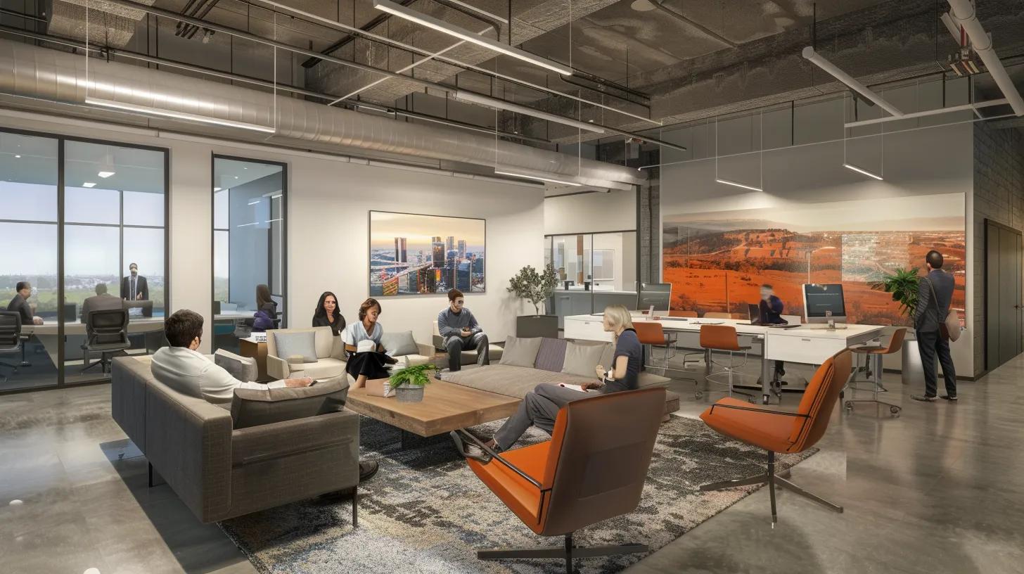 a dynamic office environment showcases a diverse group of professionals collaboratively discussing employer branding strategies, with bold visuals of construction projects highlighting the unique employee value propositions within the general contracting industry.