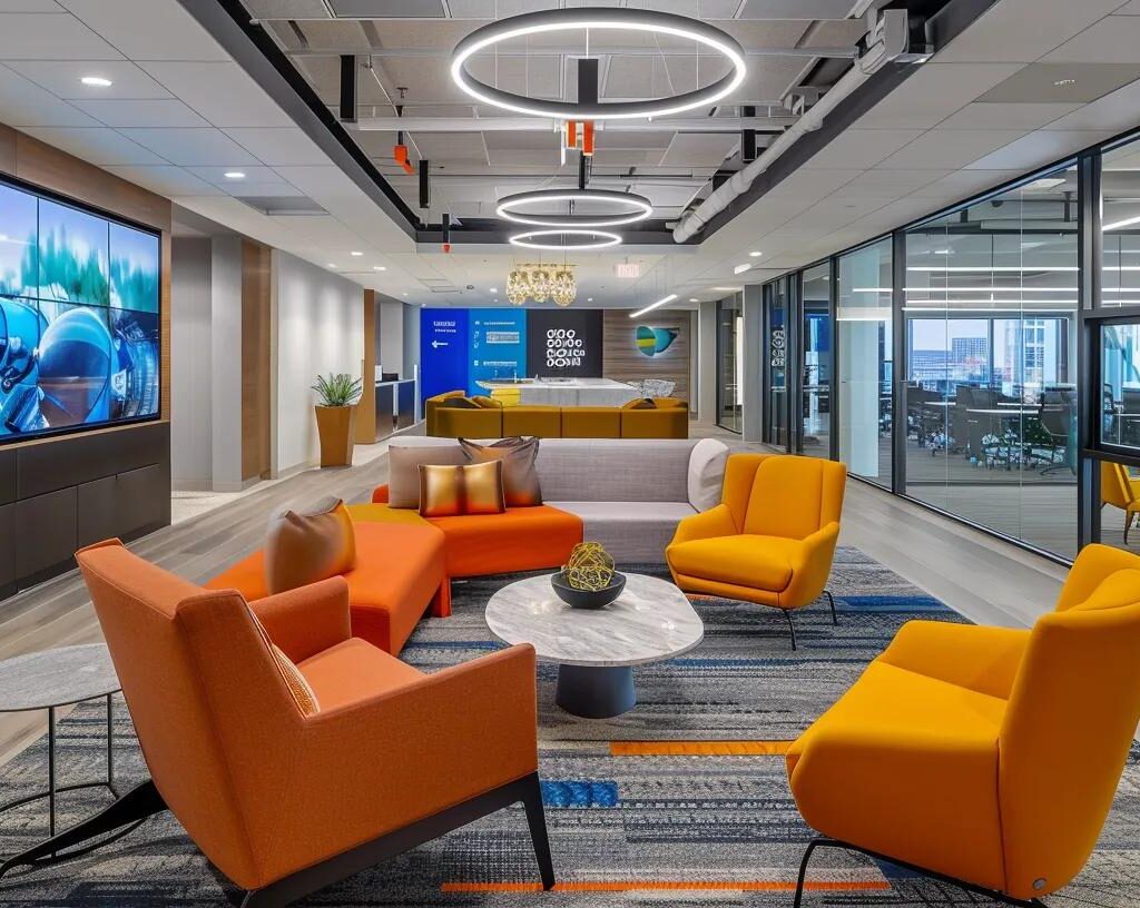 a dynamic office setting features a diverse team of professionals engaged in a vibrant brainstorming session, with compelling visuals of their employer branding materials and digital screens showcasing engaging content, highlighting the proactive strategy to attract top talent within the general contracting industry.