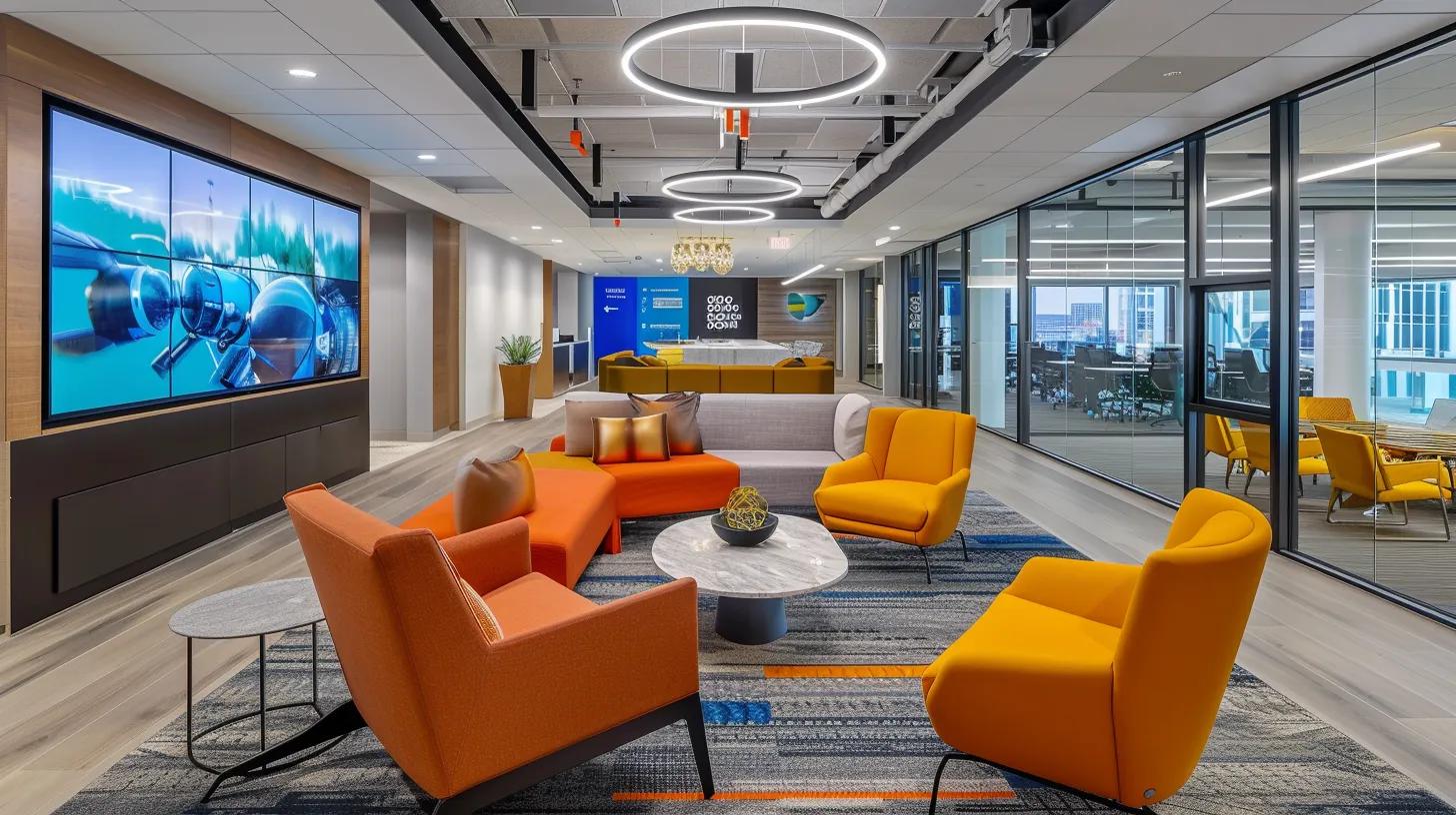 a dynamic office setting features a diverse team of professionals engaged in a vibrant brainstorming session, with compelling visuals of their employer branding materials and digital screens showcasing engaging content, highlighting the proactive strategy to attract top talent within the general contracting industry.