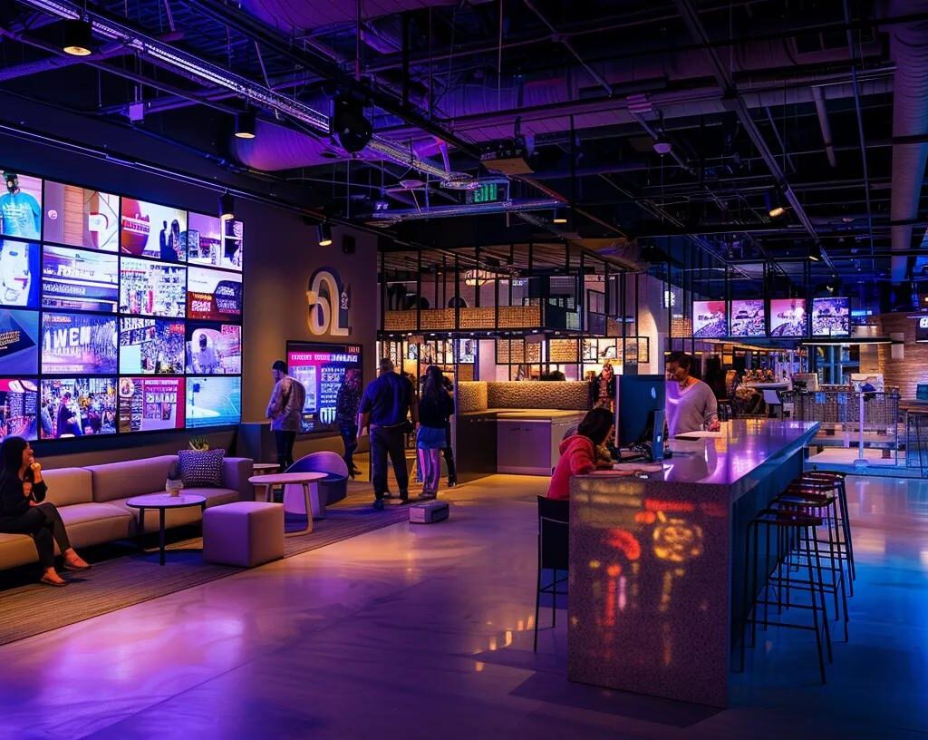 a dynamic urban office setting featuring a diverse group of professionals engaged in a vibrant brainstorming session, surrounded by modern branding elements and digital screens showcasing innovative strategies for enhancing employer branding.