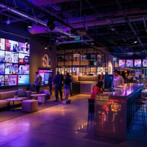 Dynamic urban office setting featuring modern decor, vibrant lighting, and multiple screens displaying various content, reflecting a collaborative and innovative workspace atmosphere.