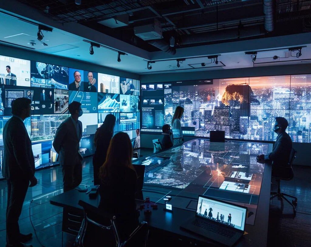 a modern office environment showcases a diverse team engaged in a dynamic brainstorming session, surrounded by digital screens displaying recruitment metrics, emphasizing collaboration in developing a strategic recruitment marketing process for general contractors.