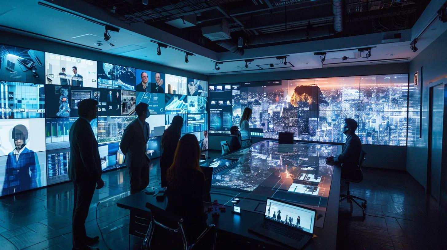 a modern office environment showcases a diverse team engaged in a dynamic brainstorming session, surrounded by digital screens displaying recruitment metrics, emphasizing collaboration in developing a strategic recruitment marketing process for general contractors.