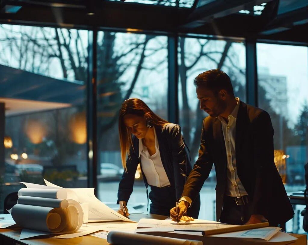 a modern office space filled with engaged professionals discussing blueprints and innovative designs, embodying the strong values of reliability and collaboration essential for a compelling employer brand in the construction industry.