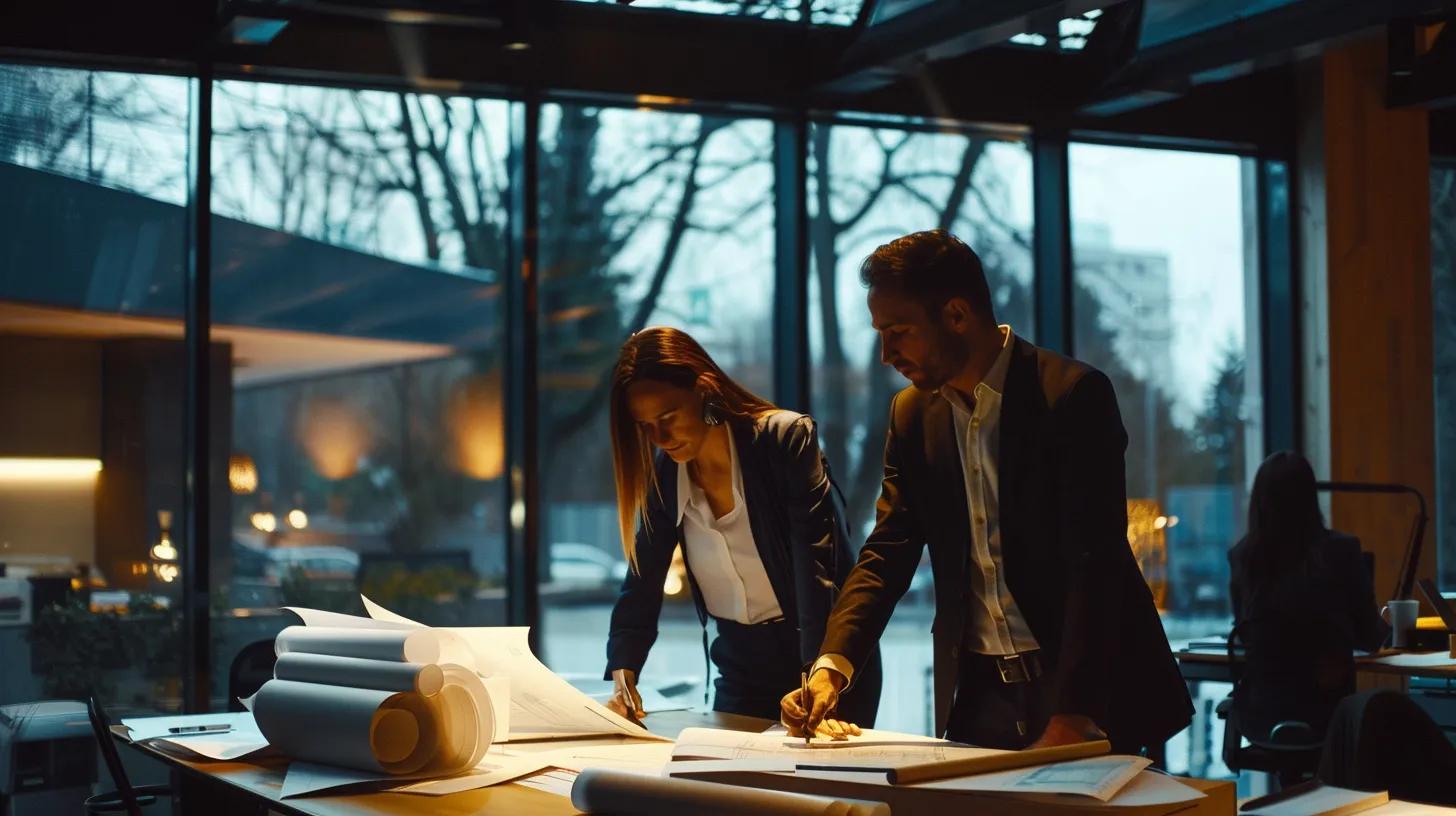 a modern office space filled with engaged professionals discussing blueprints and innovative designs, embodying the strong values of reliability and collaboration essential for a compelling employer brand in the construction industry.