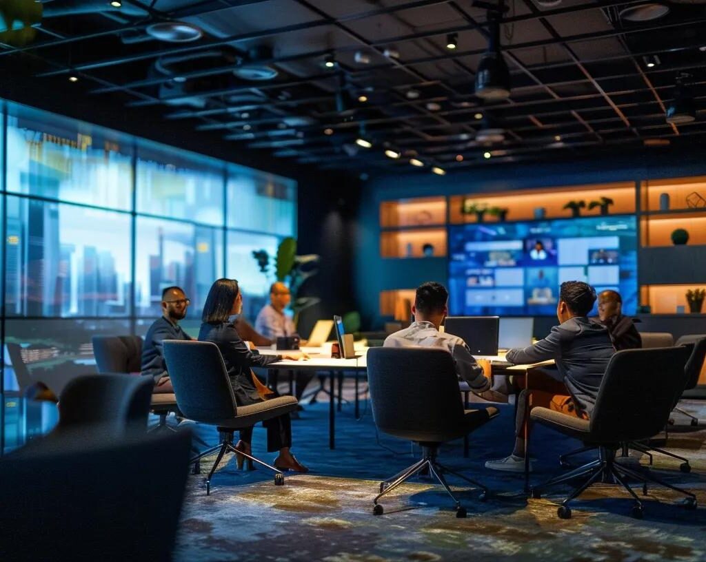 a sleek and modern office filled with diverse professionals engaged in a dynamic brainstorming session, surrounded by vibrant visuals of construction projects and recruitment strategies displayed on digital screens.