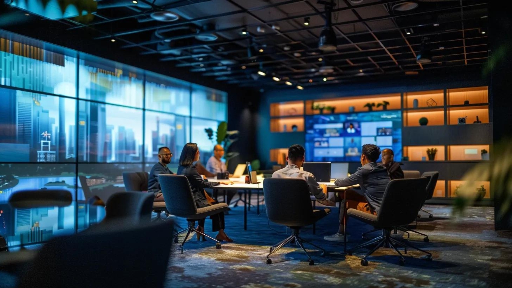 a sleek and modern office filled with diverse professionals engaged in a dynamic brainstorming session, surrounded by vibrant visuals of construction projects and recruitment strategies displayed on digital screens.