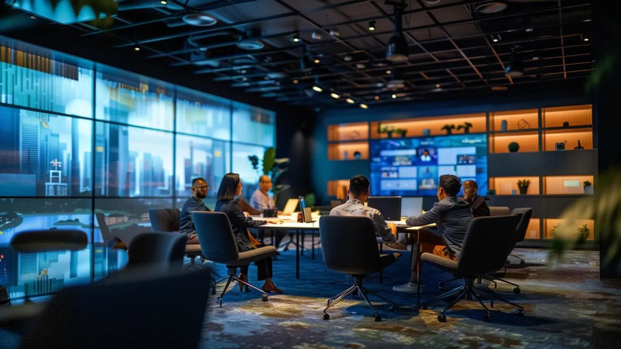 a sleek and modern office filled with diverse professionals engaged in a dynamic brainstorming session, surrounded by vibrant visuals of construction projects and recruitment strategies displayed on digital screens.