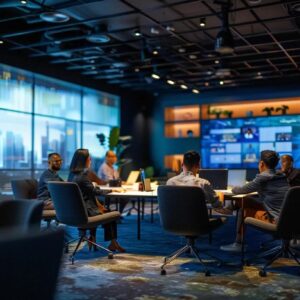 Modern office meeting with diverse professionals discussing branding strategies in a sleek, well-lit environment.