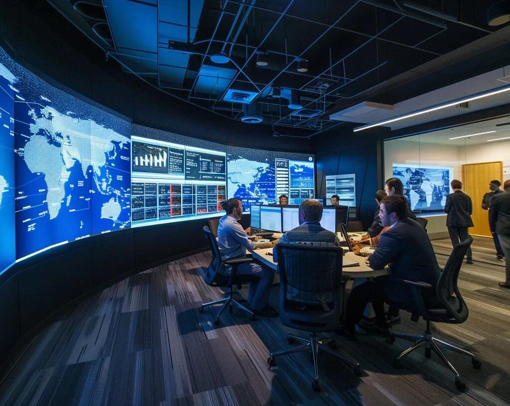 a sleek, modern office environment showcases a dynamic team engaged in a collaborative meeting, analyzing digital dashboards and metrics on employer branding success with focused expressions and high-tech displays illuminating the room.