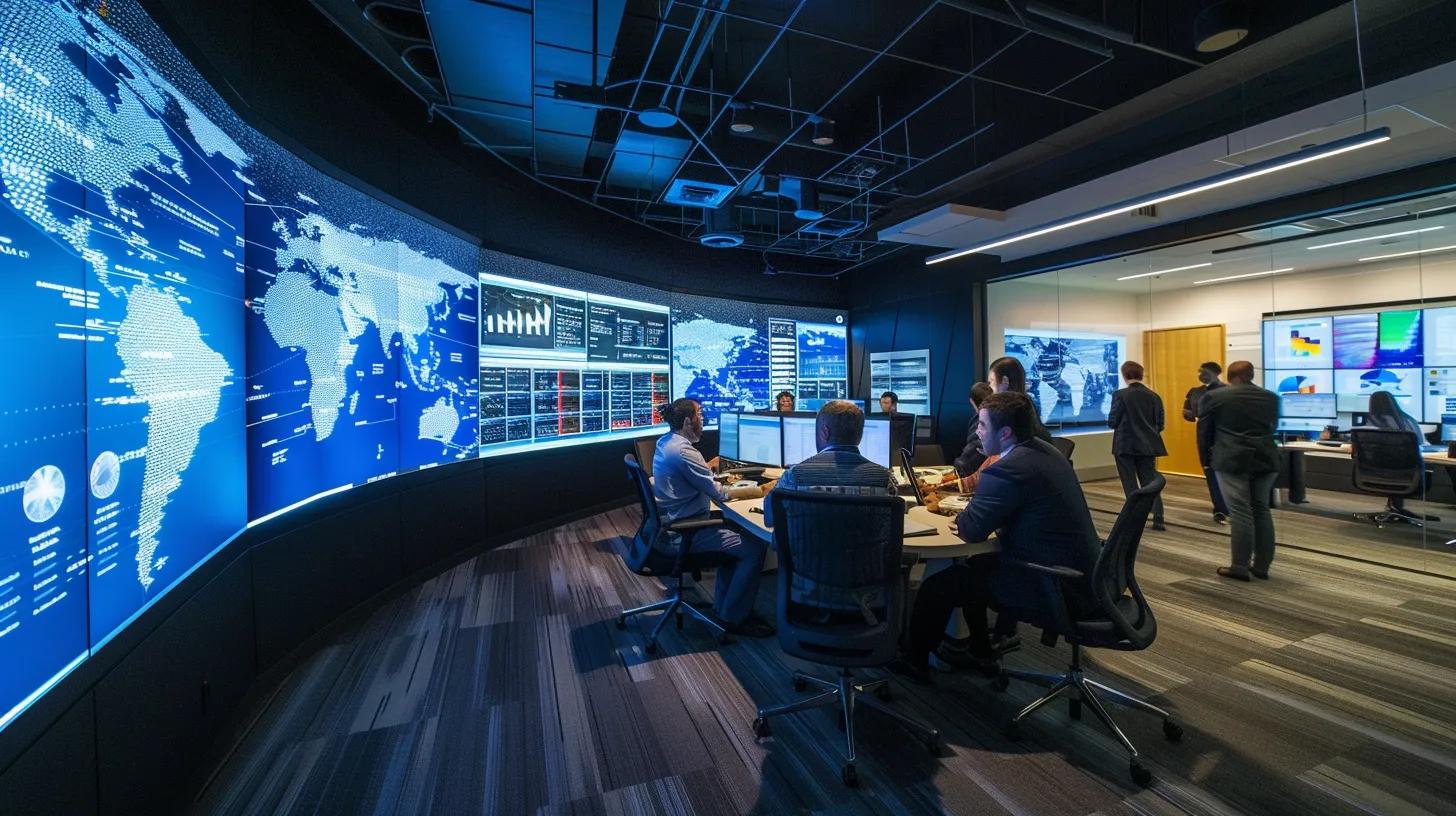 a sleek, modern office environment showcases a dynamic team engaged in a collaborative meeting, analyzing digital dashboards and metrics on employer branding success with focused expressions and high-tech displays illuminating the room.