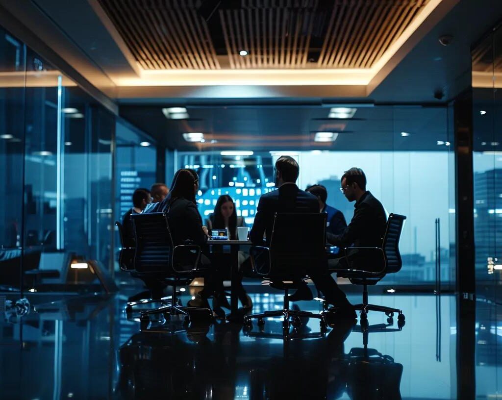 a sleek, modern office environment showcases a collaborative team discussion around a digital strategy board, emphasizing recruitment marketing objectives tailored for project management and skilled labor roles in the construction industry.