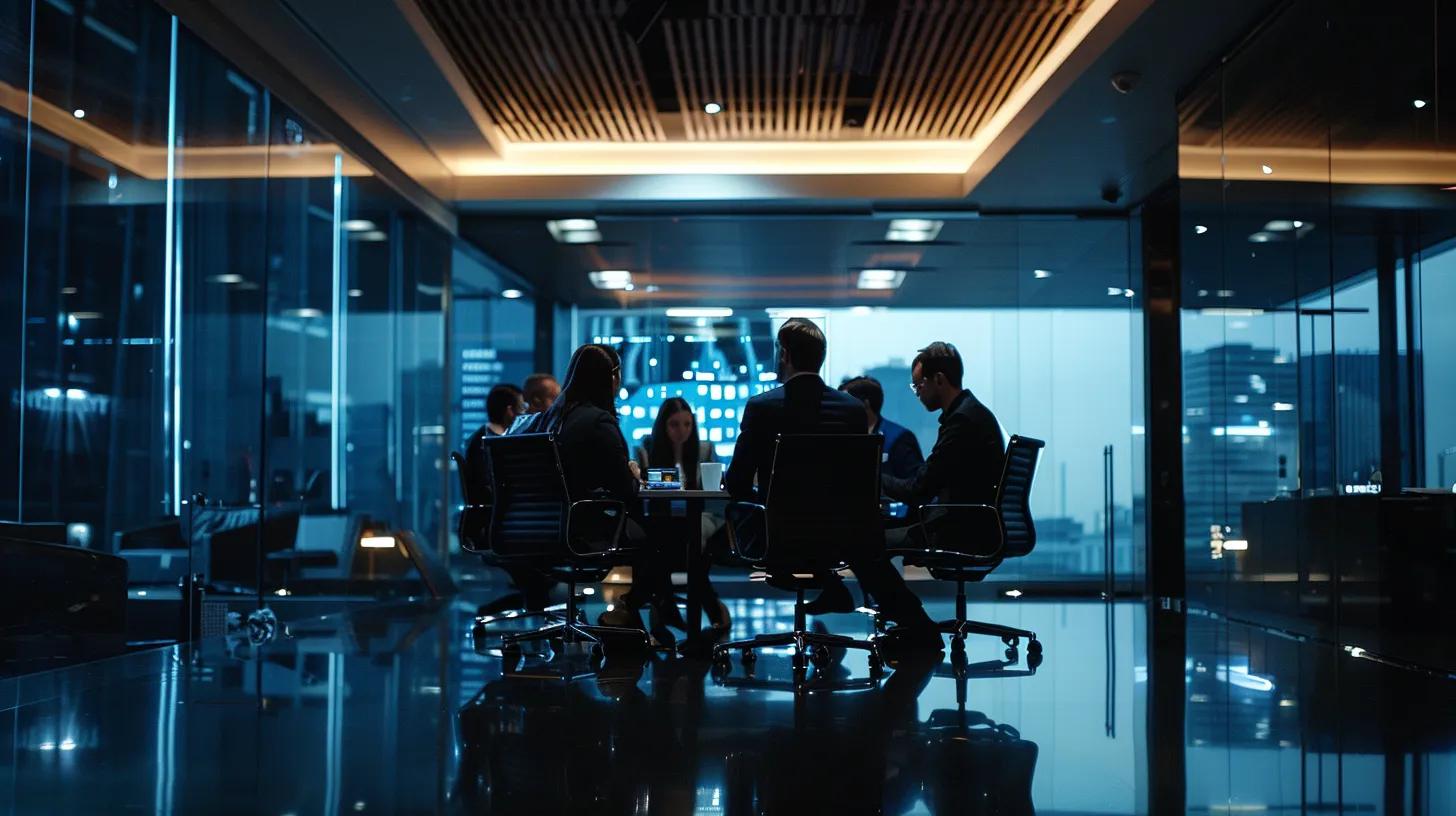 a sleek, modern office environment showcases a collaborative team discussion around a digital strategy board, emphasizing recruitment marketing objectives tailored for project management and skilled labor roles in the construction industry.