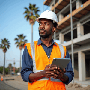 Construction project manager in safety gear, holding a tablet, with a construction site in the background, emphasizing leadership in construction proposals and business development.