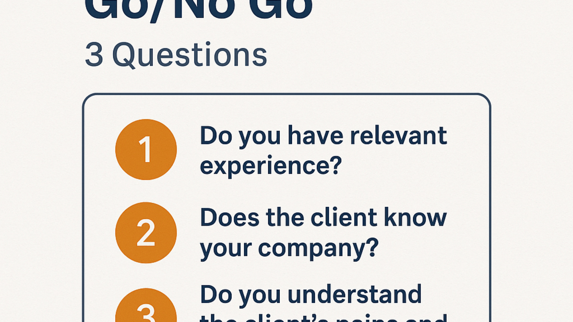 Go/No Go framework with three key questions for project evaluation: relevant experience, client recognition, understanding client needs.