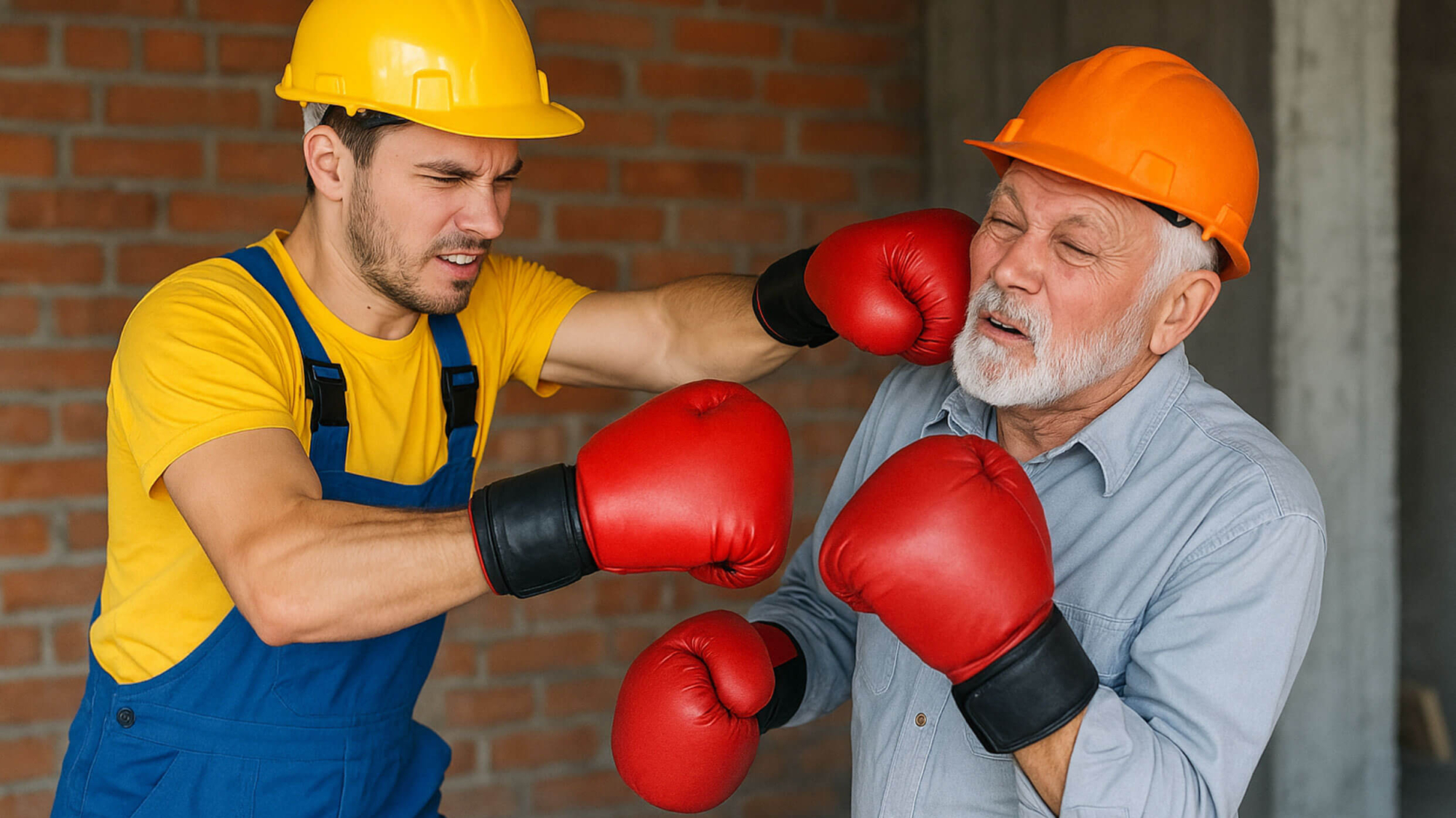 Young contractor in yellow hard hat boxing older contractor in orange hard hat, both wearing red boxing gloves, in a construction setting, illustrating competitive dynamics in the construction industry.