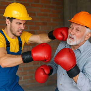 Young contractor and older contractor sparring in boxing gloves, symbolizing competition between startup and established construction firms.