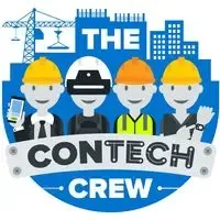 Cartoon-style logo of The ConTech Crew featuring four characters in hard hats, representing construction professionals, with a city skyline and crane in the background, symbolizing construction technology and innovation.