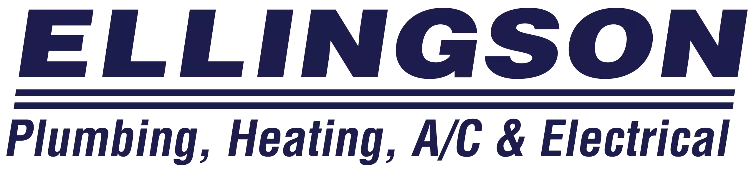 Ellingson logo featuring bold navy text, "ELLINGSON," with the tagline "Plumbing, Heating, A/C & Electrical" below, representing a construction and service-oriented brand.