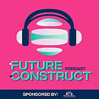 Podcast logo for "Future Construct," featuring headphones and abstract shapes, highlighting discussions on emerging technologies in the construction industry.