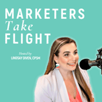 Lindsay Diven, CPSM, speaking into a microphone for the "Marketers Take Flight" podcast, focused on AEC marketing professionals, with a light blue background and text highlighting the podcast title.