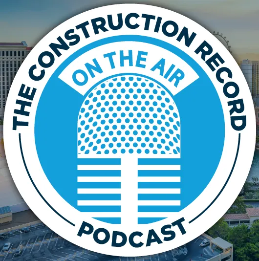 Logo of The Construction Record podcast featuring a microphone graphic, emphasizing news and insights in the construction industry.