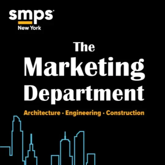 The Marketing Department podcast logo featuring the title, "The Marketing Department," with the tagline "Architecture • Engineering • Construction" and a city skyline silhouette, representing marketing insights for AEC professionals.