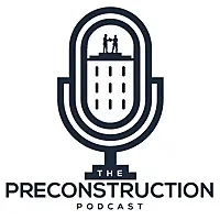 Logo of The Preconstruction Podcast featuring a microphone with construction imagery, symbolizing discussions on preconstruction processes and technologies in the construction industry.