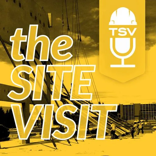 Podcast cover for "The Site Visit," featuring the title in bold white letters on a yellow background, with construction imagery and a microphone logo, representing industry leadership discussions.