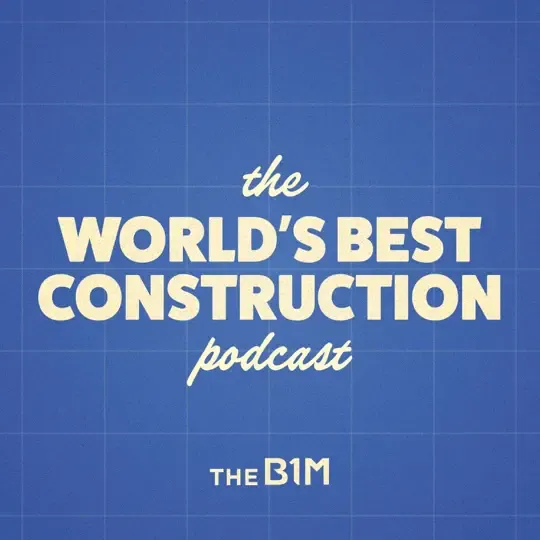 the World’s Best Construction Podcast logo featuring bold text on a blueprint background, related to construction, engineering, and architecture discussions