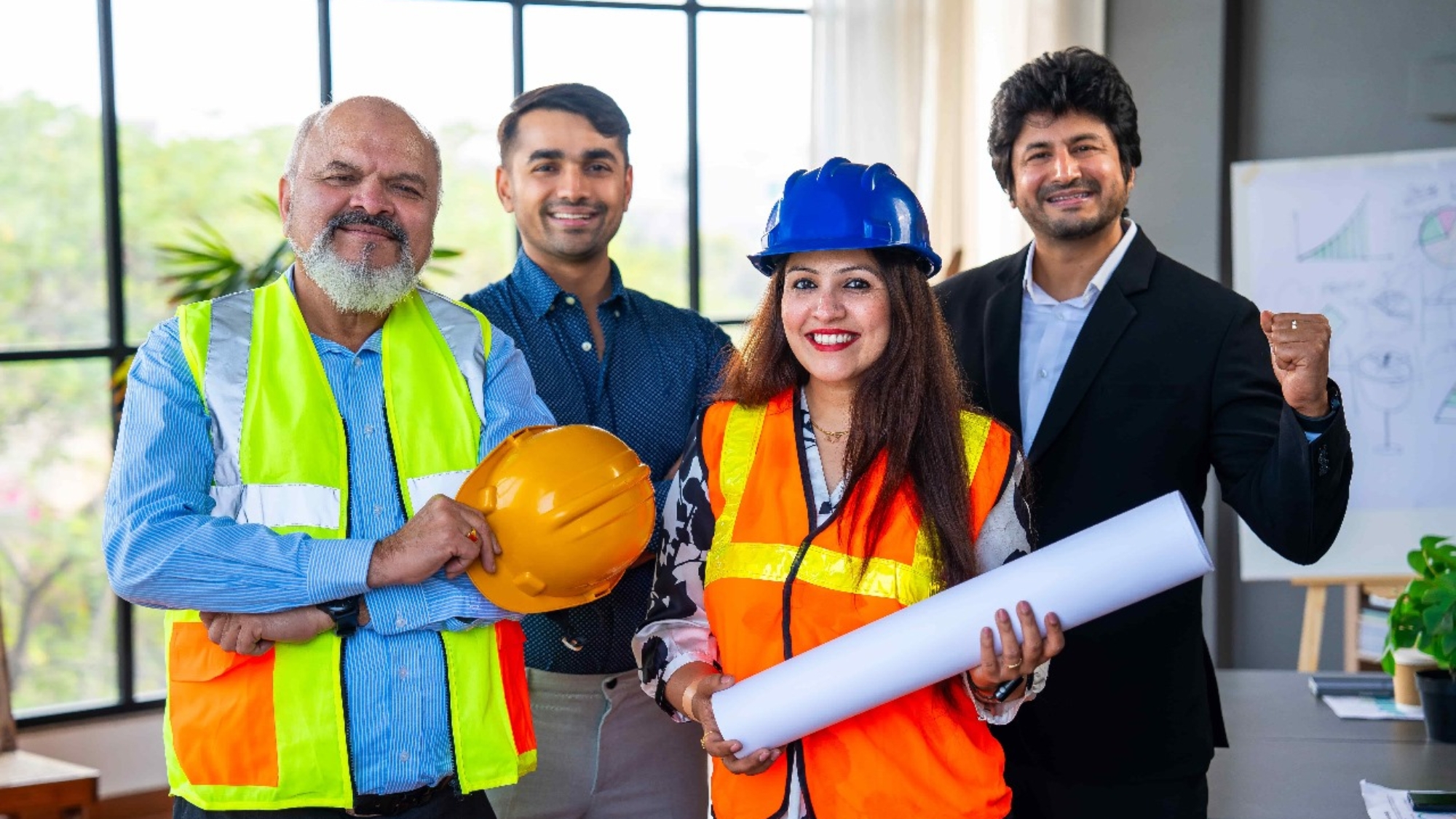 Group of construction professionals in safety gear, including a woman holding blueprints and a hard hat, smiling and posing in a modern office setting, representing strategic business development in construction firms.