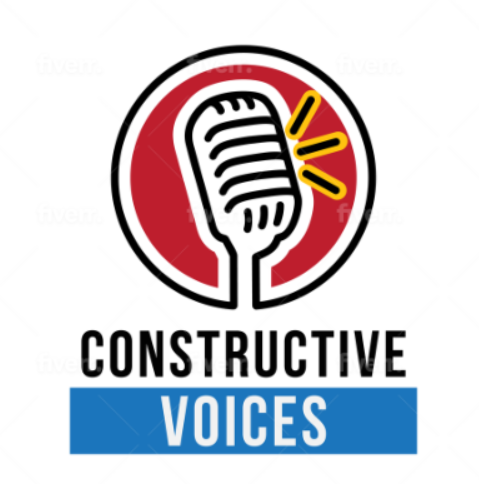 Microphone logo for "Constructive Voices" podcast, featuring bold text emphasizing construction industry discussions and sustainability themes.