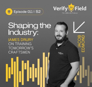 Podcast episode cover for "Verify In Field: The Millwork Podcast," featuring Jacob Edmond, with a focus on training future craftsmen, highlighting industry insights and trends in architectural millwork.