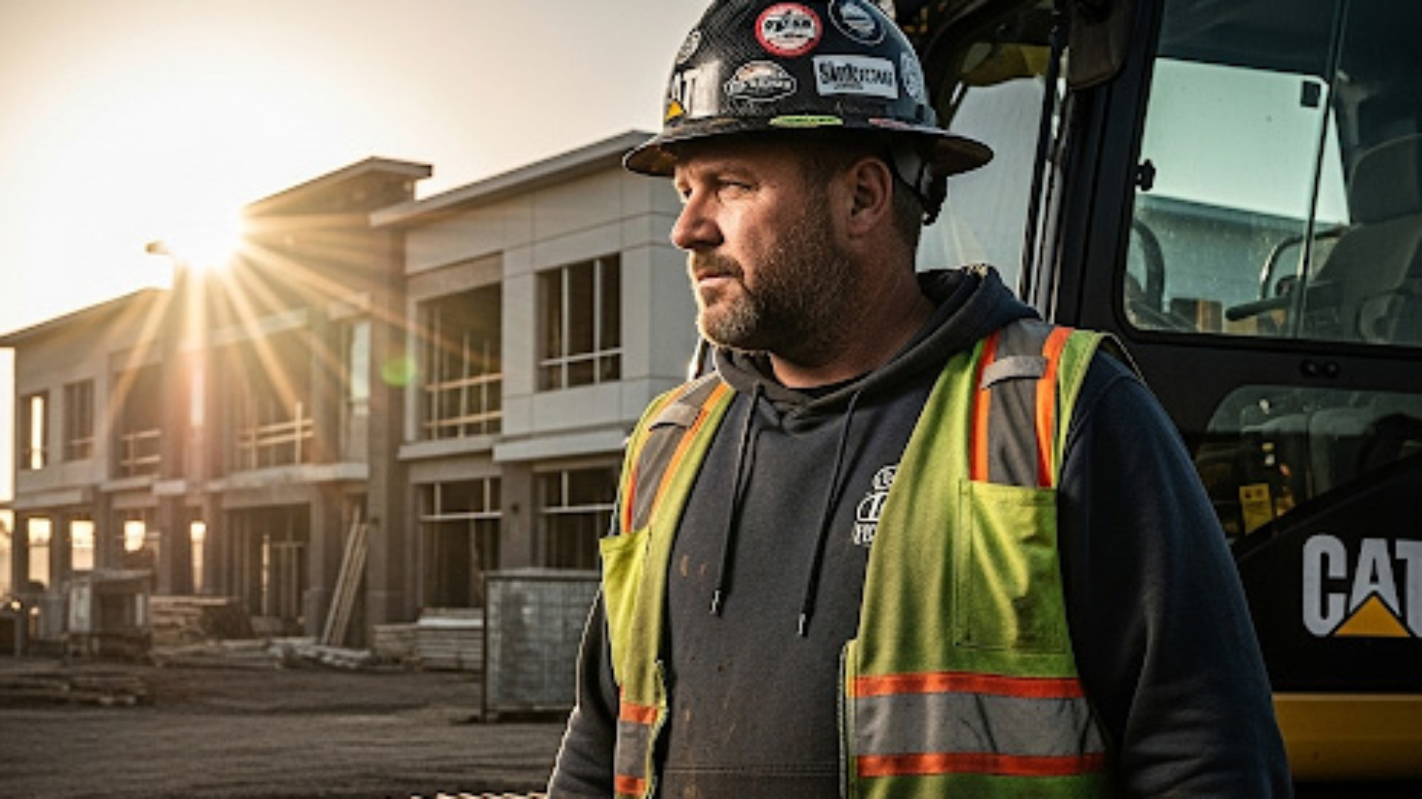 Construction worker in safety gear with a CAT excavator in the background, reflecting challenges in the construction industry and the need for strategic marketing solutions.