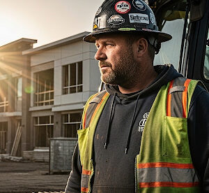 Construction worker in safety gear with a hard hat, standing at a job site with buildings under construction, symbolizing leadership in the construction industry.