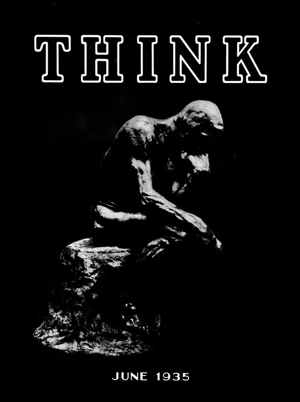 THINK magazine cover from June 1935 featuring a contemplative sculpture, symbolizing business insights and thought leadership for executives.