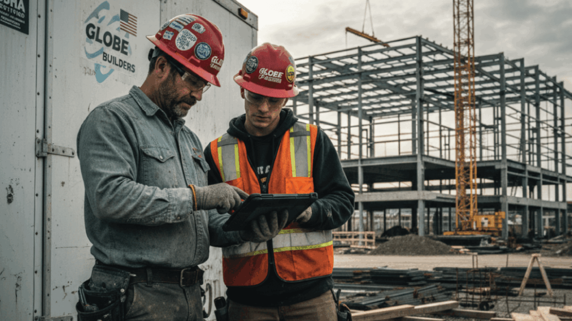 Construction workers collaborating on a tablet at a building site, emphasizing AI talent management and human connection in the construction industry.