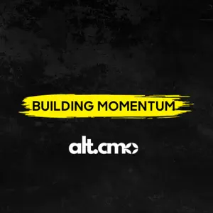 Building Momentum podcast logo featuring bold yellow text on a black background, representing AltCMO's new podcast focused on construction marketing strategies.