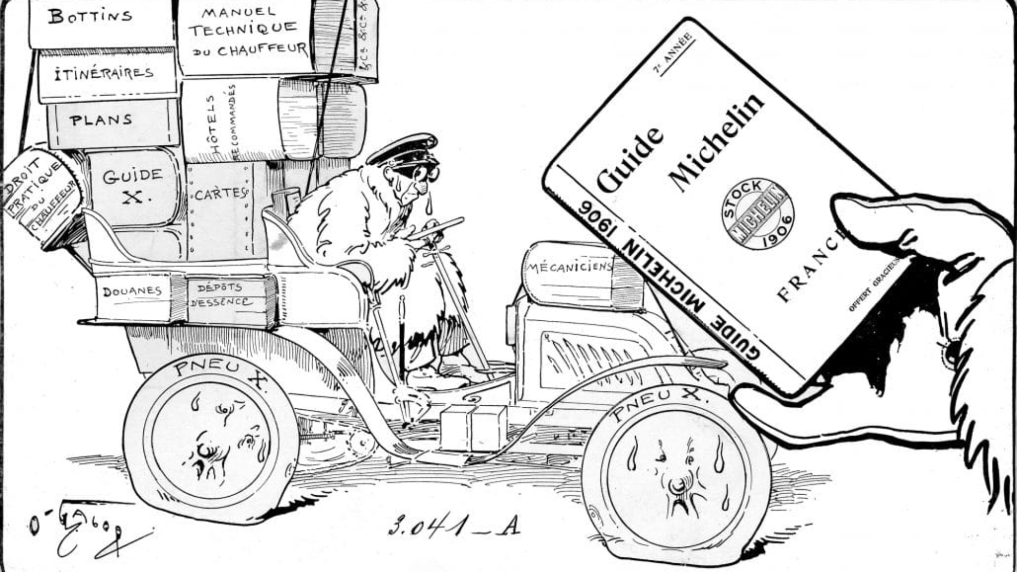 Illustration of a vintage automobile loaded with travel resources, featuring a character in a fur coat reading a Michelin Guide, symbolizing early content marketing in the travel industry.
